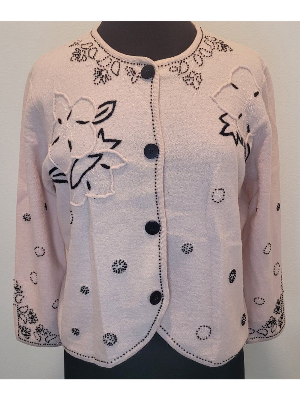 VTG Cottagecore Elegance Blush Pink Boiled Wool Beaded Statement Cardi Jacket L